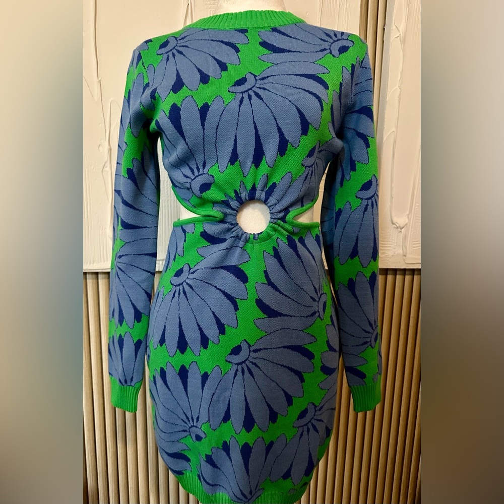 FARM Rio Green and Blue Floral Long Sleeve Dress NWT